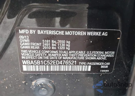 2014 BMW 535I из США, поврежденный, VIN WBA5B1C52ED476521